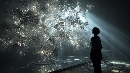Obraz premium A conceptual photograph of a person's silhouette standing in a glass garden. They are looking at a magnificent glass tree, which reflects their form and the light in a thousand different ways. 