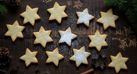 Golden star cookies with powdered sugar on a rustic wooden table