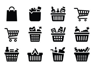 Shopping cart and shopping basket icon set simple flat design concept style vector illustration