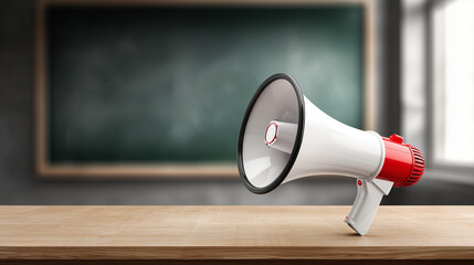 White Megaphone with Red Detail on Wooden Desk – Education Communication Announcement Concept
