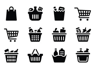 Shopping icons set with cart basket bag full of food and grocery items in black silhouette