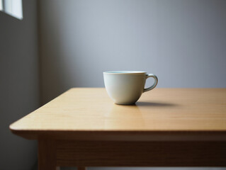 Ceramic coffee mug on a wooden table minimalist design for a peaceful morning and cozy atmosphere suitable for blog and website design