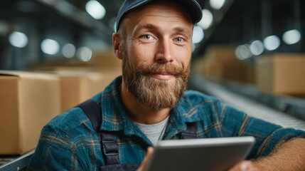 Warehouse Worker: A seasoned warehouse worker, sporting a distinguished beard, gazes directly at the camera with a confident smile, holding a digital tablet while surrounded by a conveyor system.