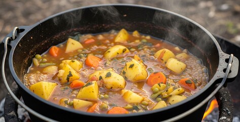 a hearty vegetable and potato stew, simmering in a Dutch oven on woodfire outdoors