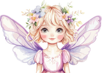 Fototapeta premium Charming watercolor illustration of a blonde fairy with delicate wings and a floral crown
