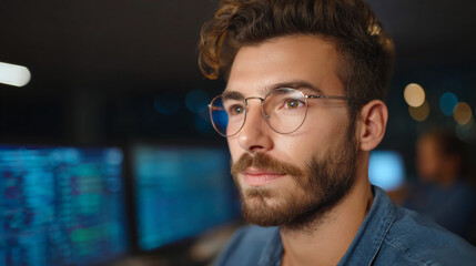 Obraz premium Focused Developer: A concentrated professional, sporting stylish eyeglasses and a well-groomed beard, engages with the digital world in a dimly-lit setting.