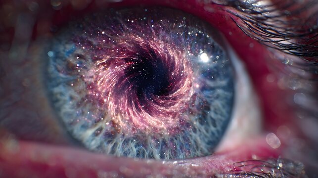 "Close-up of a human eye reflecting a galaxy imploding into new life, symbol of visionary transformation, hyper-abstract and luminous, spark of change within, 