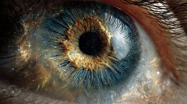 "Close-up of a human eye reflecting a galaxy imploding into new life, symbol of visionary transformation, hyper-abstract and luminous, spark of change within, 