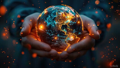 A stylized, glowing Earth held gently in hands