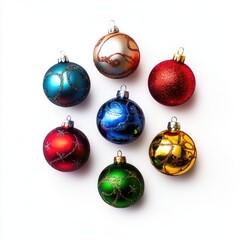 Nine colorful Christmas ornaments, round and glossy, arranged in a circle on a white background.  Each ornament features a unique design,  some with textured patterns, and metallic accents