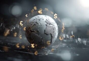 Global finance concept, a dark grey earth model encircled by gold euro symbols, with a blurred financial data background