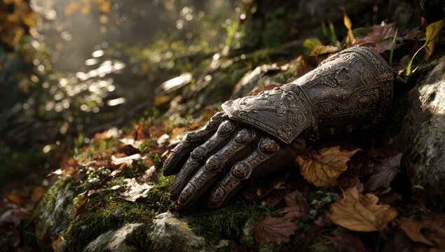 Ornate metal gauntlet rests on mossy forest floor