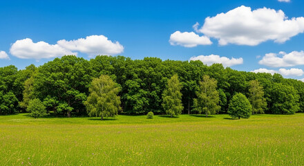 Obraz premium Bright summer meadow with fresh grass and tree line under blue sky, clean landscape background perfect for eco brand visuals, wellness headers and outdoor campaigns