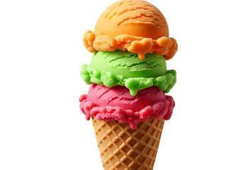 Three scoops of colorful ice cream in a waffle cone, isolated on transparent background