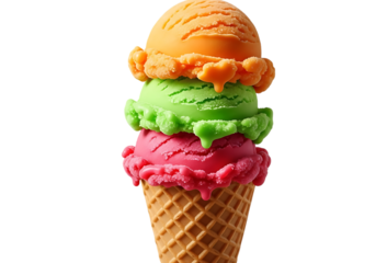 Three scoops of colorful ice cream in a waffle cone, isolated on transparent background