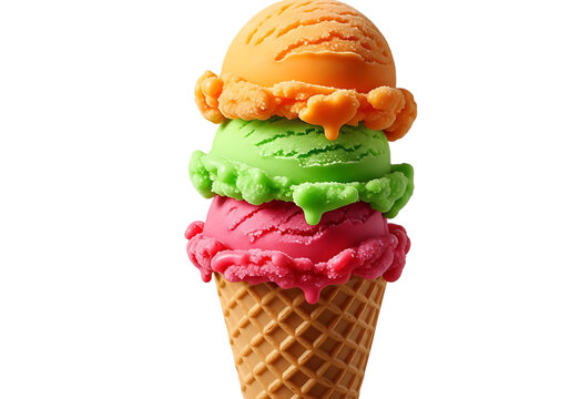 Three scoops of colorful ice cream in a waffle cone, isolated on transparent background