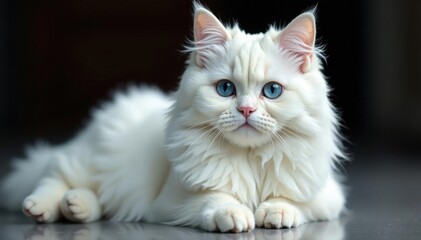 Stunning white Persian cat, intense blue eyes, elegant pose , purebred, persian