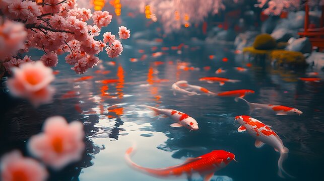 A serene Japanese garden pond with vibrant koi fish swimming among fallen cherry blossoms and a soft, ethereal background. - Powered by Adobe