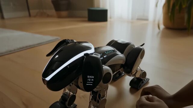 Hand interacts with robotic dog on light floor, exploring playful AI. Robotic dog responds with mechanical gestures, revealing new possibilities. Robotic dog sparks fresh curiosity.