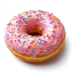 Single pink glazed donut with colorful sprinkles