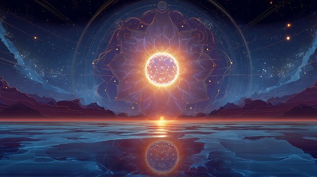 "The Self archetype symbolized as a radiant sphere floating above an abstract terrain of archetypal symbols, cosmic gradients, inner unity visualized through sacred geometry and Jungian abstraction 