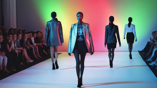 Models stride on glowing catwalk during futuristic show fashion runway energy pulses fashion runway lights frame bold garments fashion runway spirit attracts trend watchers 