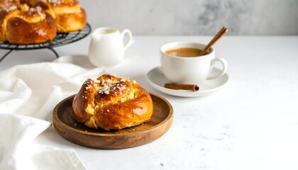 Golden Brioche Bun with Coffee and Cinnamon Stick on White Surface