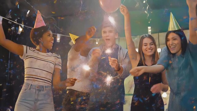 Group of friends dance with sparklers at birthday party, colored lights flash over laughing faces while birthday party energy fills the club, memories lock into joyful birthday party moment.