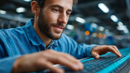Man in factory: Focused man at work in a modern factory environment, meticulously engaged with the production process, demonstrating diligence and precision.