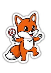 Obraz premium Cute cartoon fox holding a lollipop, cheerful expression, orange fur, white belly, and a playful pose.