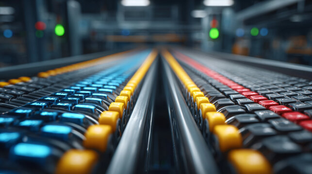 Industrial Conveyor Belt: The image showcases a modern industrial setting with a mesmerizing perspective of parallel conveyor belts stretching into the distance, symbolizing efficiency, automation.