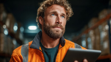 Warehouse worker: a worker with beard and curly hair working in a warehouse, holding a tablet, looking up in deep thought