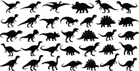 Dinosaur silhouettes collection, prehistoric species, stegosaurus triceratops pterosaur, fossil reptile, vector illustration, nature art, paleontology icon, extinct creature, Jurassic design © Sabbir's World