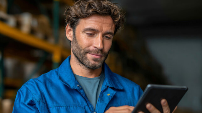 Warehouse Technician: A focused technician in a warehouse meticulously reviews data on a digital tablet, showcasing a professional focus within a functional industrial setting. - Powered by Adobe