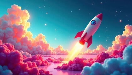 Sleek rocket poised on vibrant, candy-colored landscape , shiny, flight