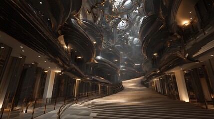 dreamworld interior, suspended hallways, fractal structures, void stairs, unconscious thought visualized, surreal abstract design, architect of dreams concept, ambient lighting, 