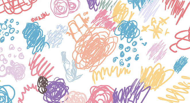 A vibrant and playful abstract pattern featuring colorful scribbles and doodles on a white background. - Powered by Adobe