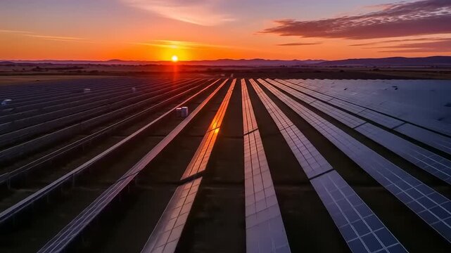 Aerial view of solar panels in a vast field during sunset, showcasing renewable energy technology
