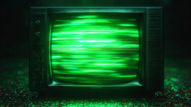 Television Static: Capturing the essence of nostalgia and technological uncertainty, this photograph presents an old television screen illuminated by vivid green static.