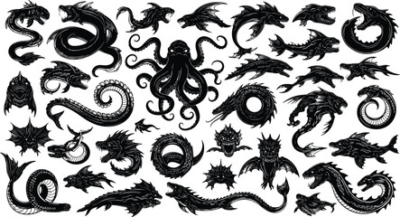 Sea monster silhouettes, mythical aquatic creatures, kraken dragon serpent, fantasy beast, ocean legend, vector illustration, marine folklore, creature design, nautical art, deep‑sea predator © Sabbir's World