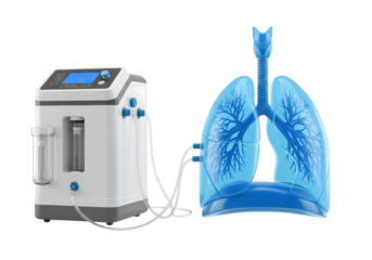 3D illustration of a medical ventilator connected to transparent lungs, symbolizing respiratory support, intensive care, and advanced medical technology for health designs