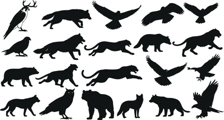 Wild animal silhouettes, wolf bear big cat fox bird of prey, fantasy antlered bird, vector illustration, nature art, predator icon