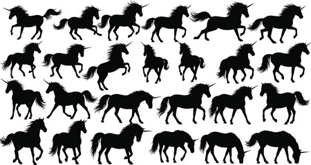 Unicorn silhouettes collection, fantasy horse poses, mythical creature, magic animal, vector illustration, nature art, fairytale design, wildlife icon, legend symbol, equine figure
