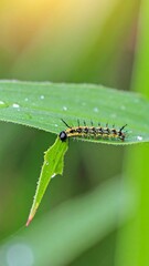 Close-up of caterpillar on a leaf with dew