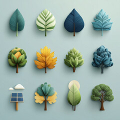 Nature-Themed Icons: Leaves, Trees, Renewable Energy 