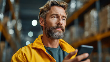 Thoughtful Supervisor in the Warehouse: A focused supervisor, surrounded by the organized chaos of a bustling warehouse, thoughtfully engages with a smartphone, reflecting on logistics.