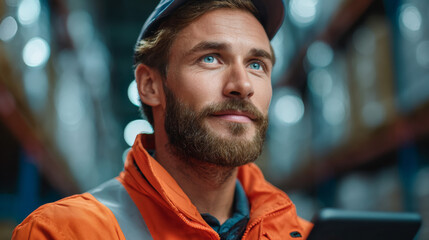 Fototapeta premium Industrial Engineer's Vision: An industrial engineer, with determined gaze and thoughtful expression, stands amidst an industrial setting, suggesting ambition and intellect.