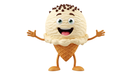 Happy ice cream cone character with arms open, isolated on transparent background