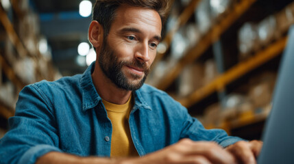 Obraz premium Focused Workflow: A warehouse worker intensely focused on his work, his gaze fixed on the laptop screen in a warehouse environment, illuminated by overhead lighting.