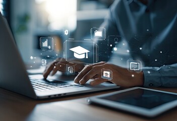Person using laptop with digital education icons overlaid